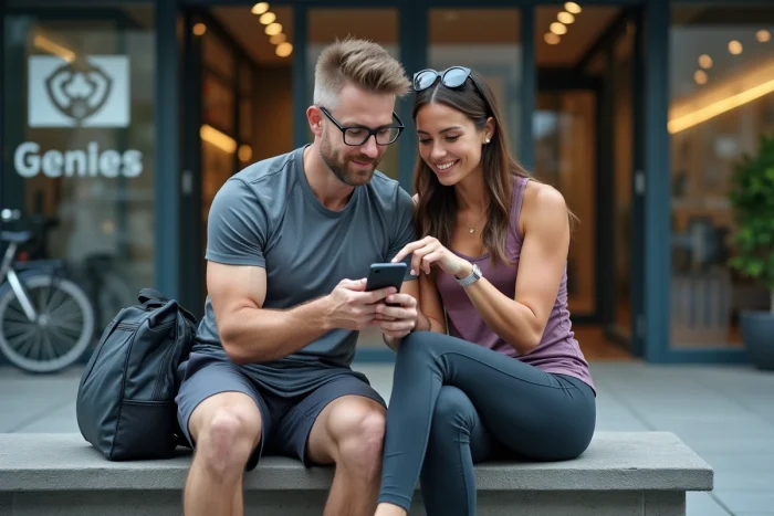 Deux amis consultant leur téléphone pour vérifier les options d'accès à la salle de sport sans abonnement