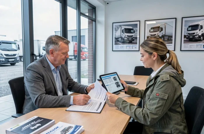 Conseiller commercial et cliente discutant des options d'achat d'un camion benne Iveco dans un bureau de concessionnaire