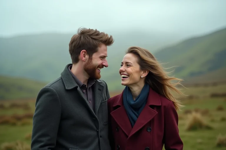 Deux acteurs de la série Outlander côte à côte dans les Highlands écossaises, souriant naturellement dans un cadre brumeux et verdoyant