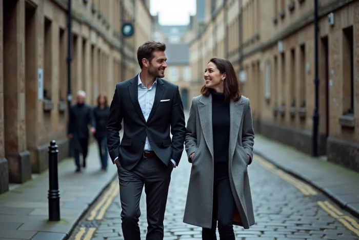 Deux acteurs d'Outlander se promenant ensemble dans une rue pavée d'un village historique écossais, dans une atmosphère décontractée et authentique