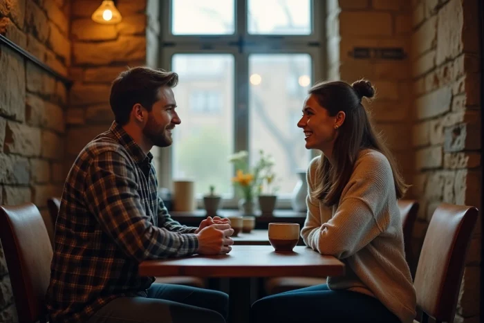 Deux stars d'Outlander attablées dans un café chaleureux d'Édimbourg, partageant une conversation animée dans une ambiance authentique