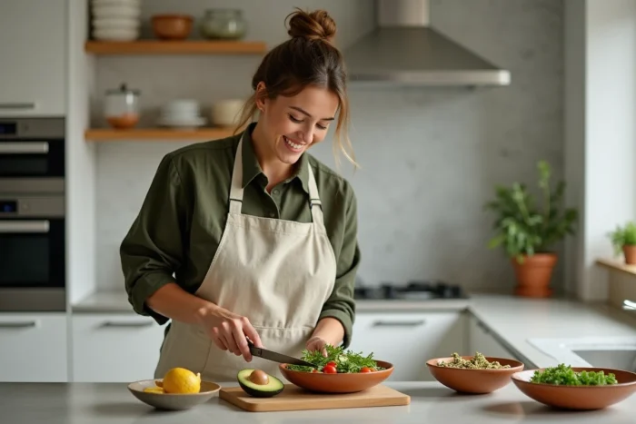 Femme préparant une salade saine et colorée dans une cuisine moderne, symbolisant l'alimentation équilibrée comme pilier du bien-être au quotidien