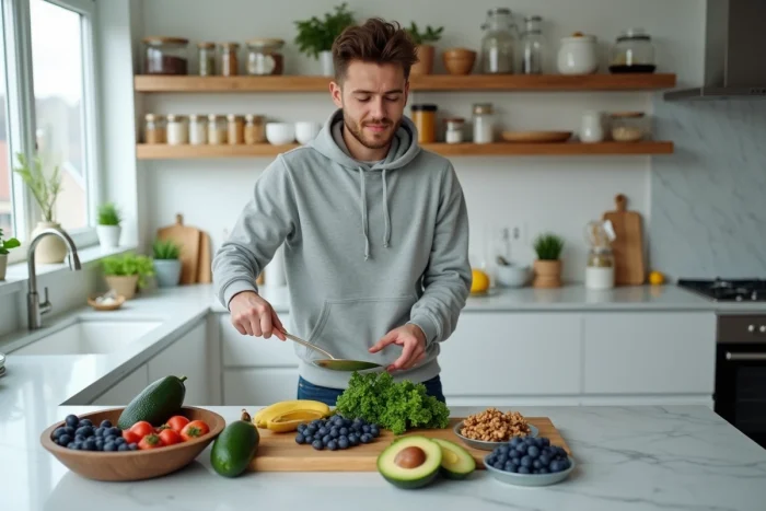 Jeune adulte préparant des aliments bons pour le cerveau et la mémoire dans une cuisine moderne