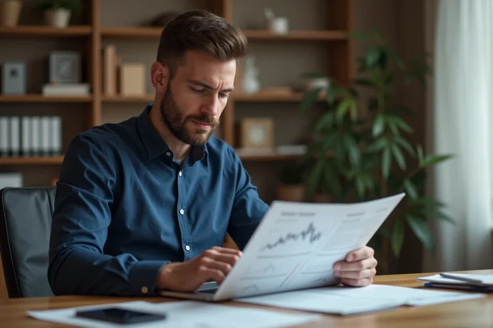 Homme professionnel analysant des documents financiers liés à un service de transfert d'argent international