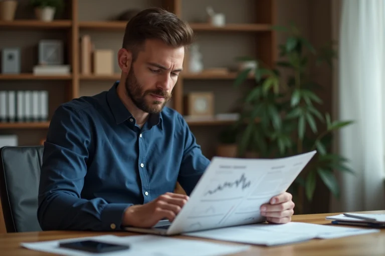 Homme professionnel analysant des documents financiers liés à un service de transfert d'argent international