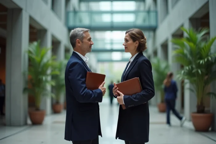 Femme professionnelle et talentueuse dans un espace corporate moderne, symbolisant le parcours d'influence et de réussite d'Anne Dewavrin