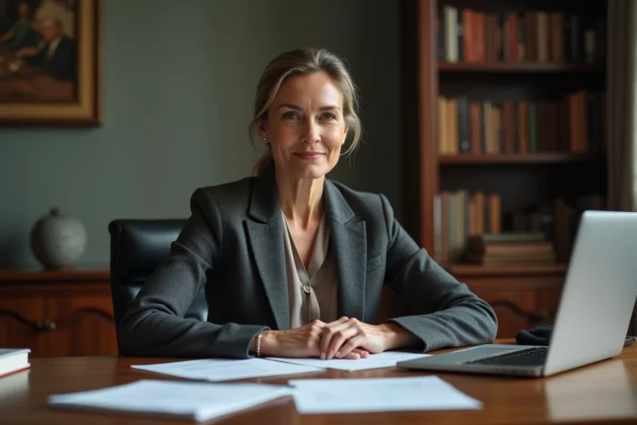 Femme d'affaires élégante et influente assise dans un bureau parisien raffiné, illustrant la réussite professionnelle d'Anne Dewavrin