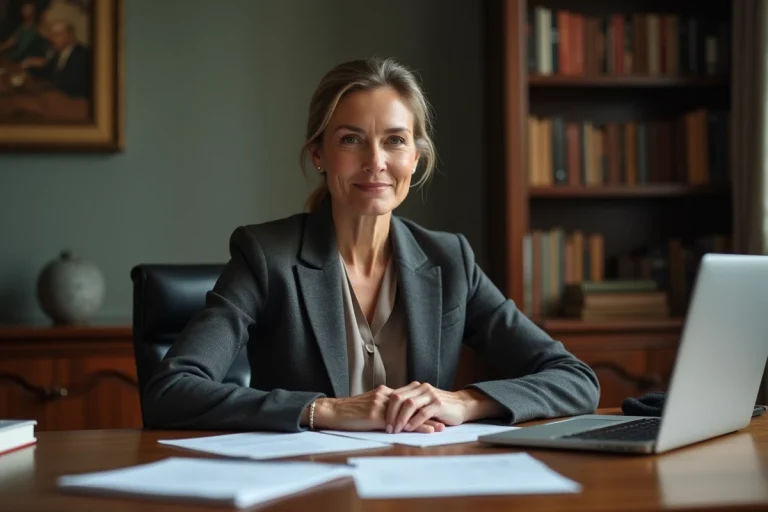 Femme d'affaires élégante et influente assise dans un bureau parisien raffiné, illustrant la réussite professionnelle d'Anne Dewavrin