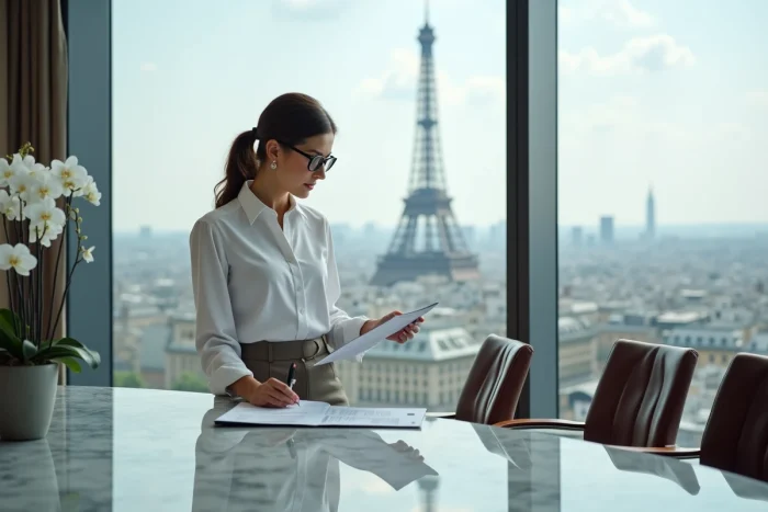 Femme de talent et de fortune en réunion dans une salle de conférence avec vue panoramique sur Paris, évoquant le prestige et l'influence d'Anne Dewavrin