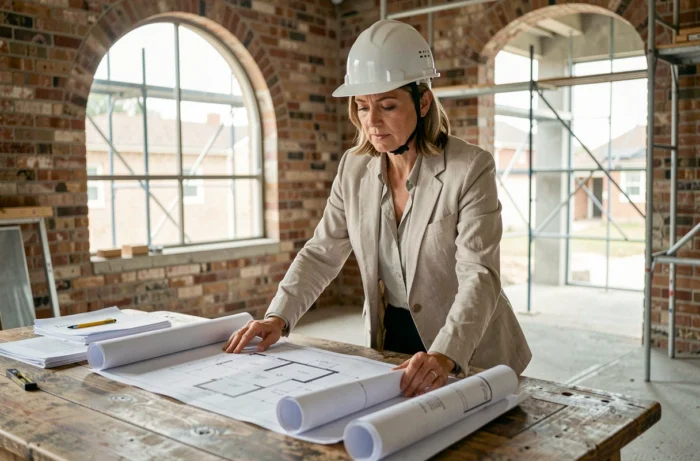 Architecte femme examinant des plans de rénovation dans une maison en chantier avec murs en brique et béton brut