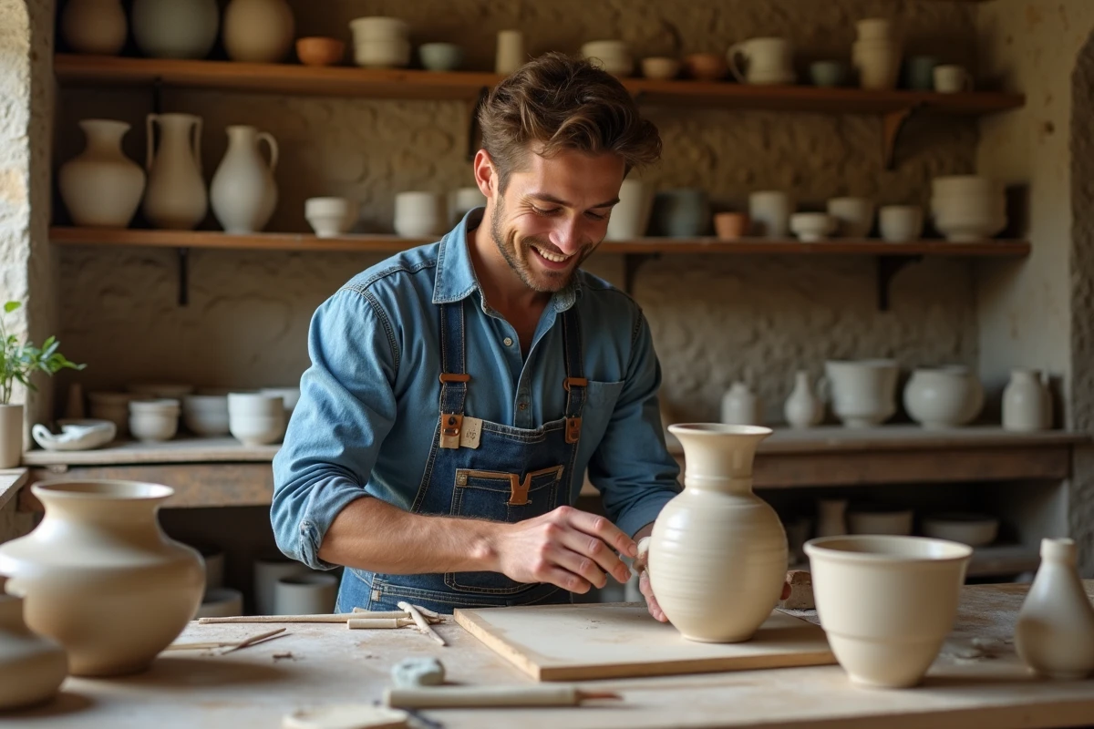 Jeune artisan français façonnant un vase en céramique dans son atelier