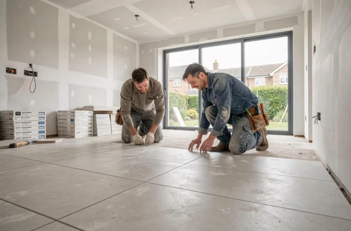 Deux artisans posant du carrelage dans une cuisine moderne en cours de construction avec vue sur jardin