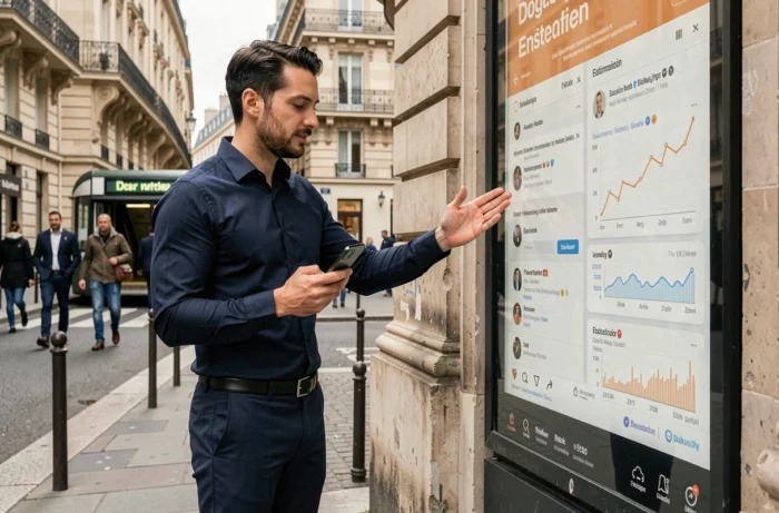 Professionnel du marketing digital analysant une campagne publicitaire en extérieur dans les rues de Paris