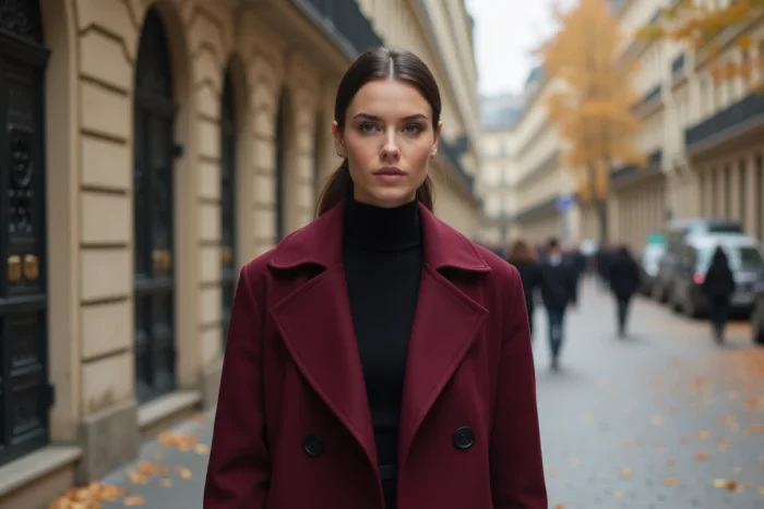 Betul Yilmazturk marchant sur un boulevard parisien en manteau bordeaux, portrait éditorial urbain