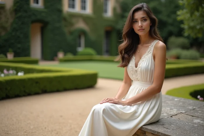 Betul Yilmazturk assise dans un jardin à la française, portrait plein corps en robe crème