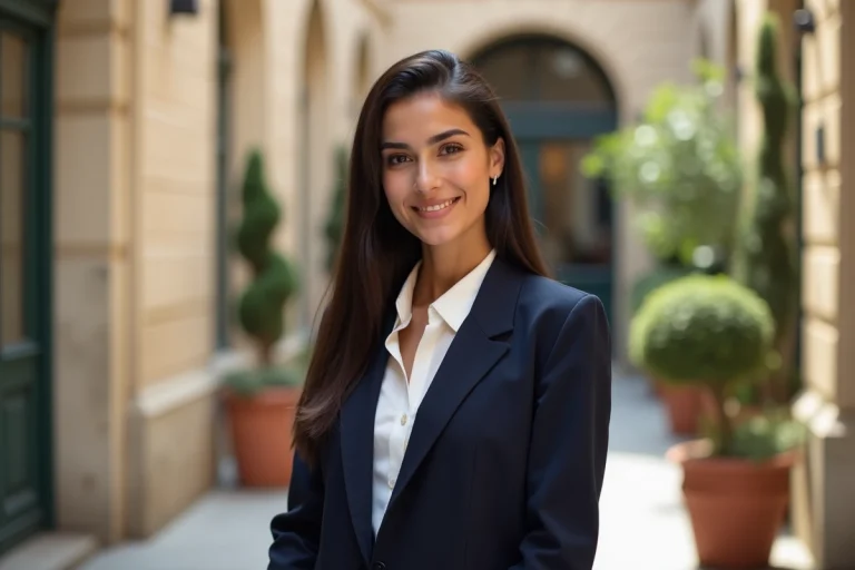 Portrait élégant de Betul Yilmazturk, femme la plus belle de France, dans une cour parisienne