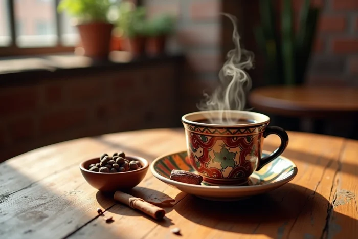 Tasse fumante de boisson xocolatl aztèque avec fèves de cacao, bâton de cannelle et piment ancho sur une table en bois rustique