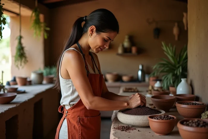 Femme broyant des fèves de cacao torréfiées sur un metate en pierre dans une cuisine mexicaine traditionnelle en adobe