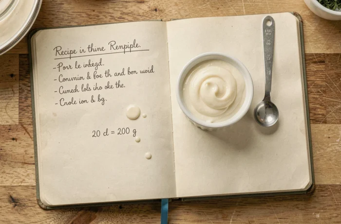 Carnet de recettes ouvert avec notes manuscrites de conversion 20 cl en grammes, posé à côté d'un ramequin de crème fraîche épaisse
