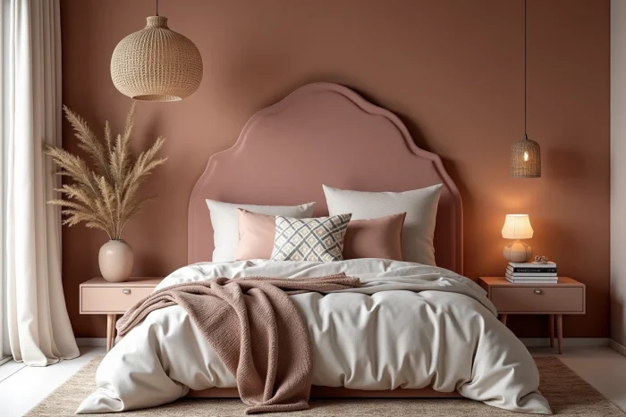 Chambre principale tendance avec tête de lit en velours rose, mur en chaux terracotta et décoration maximale contemporaine