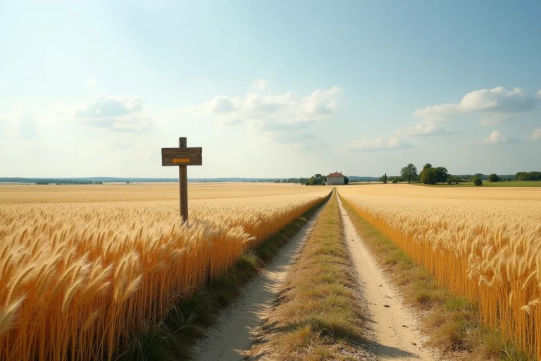 Vue aérienne en perspective d'un champ agricole de 50 hectares avec chemin de terre et ferme en arrière-plan pour illustrer une grande surface