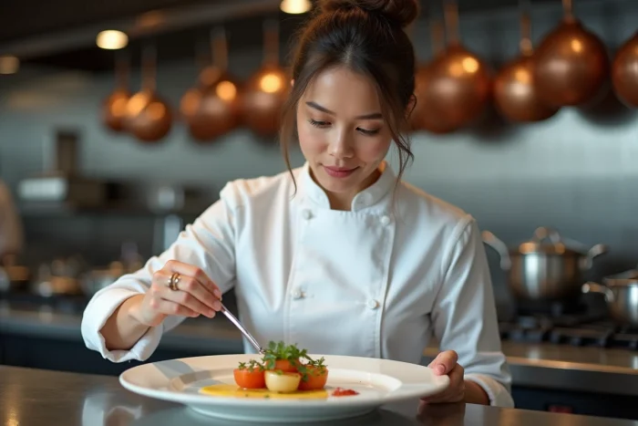 Cheffe cuisinière professionnelle dressant une assiette gastronomique moderne dans une cuisine de restaurant haut de gamme