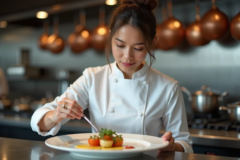 Cheffe cuisinière professionnelle dressant une assiette gastronomique moderne dans une cuisine de restaurant haut de gamme