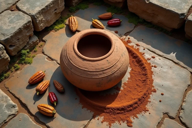 Vase en argile aztèque entouré de fèves de cacao, piments séchés et poudre de cacao brute sur une pierre cérémonielle ancienne
