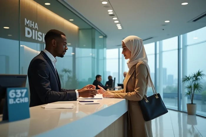 Clients discutant d'un virement international au guichet d'une banque moderne