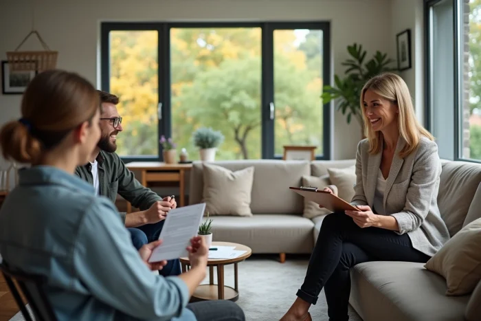 Femme souriante avec un couple dans un salon moderne
