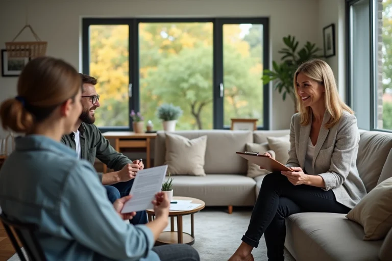 Femme souriante avec un couple dans un salon moderne