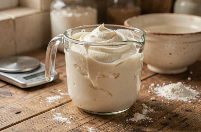 Verre doseur rempli de crème fraîche épaisse posé sur un plan de travail en bois avec une balance de cuisine numérique en arrière-plan