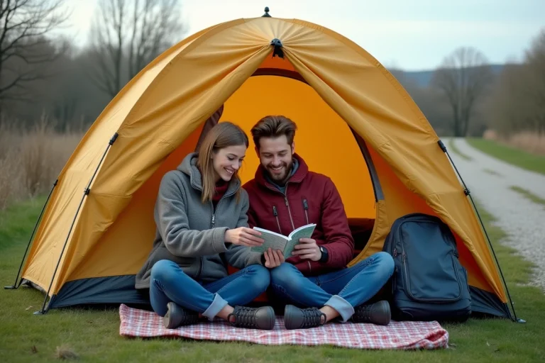 Jeune couple camping en pleine nature en France