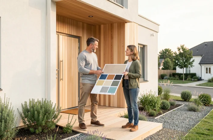 Couple consultant des échantillons de matériaux devant leur maison contemporaine neuve avec bardage bois