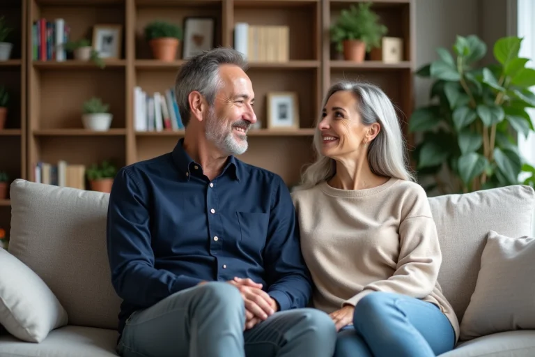 Couple d'âge moyen dans un salon lumineux et chaleureux