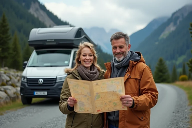 Couple souriant avec van et carte dans la nature