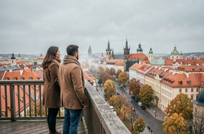 Couple de voyageurs admirant le panorama des toits gothiques de la vieille ville de Prague en automne