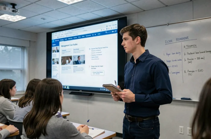 Étudiant en cours dans une classe préparatoire Sesame suivant une leçon projetée sur les études de cas