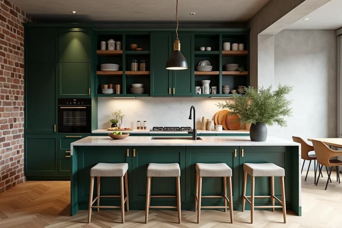 Cuisine ouverte tendance avec armoires vert forêt, plan de travail en marbre et tabourets en bouclé dans un appartement moderne
