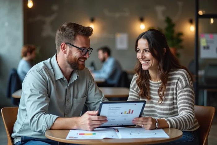 Deux entrepreneurs collaborant sur une stratégie de marketing local pour augmenter la visibilité de leur PME dans un espace de coworking