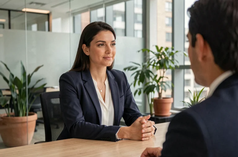 Femme en entretien d'embauche dans un bureau moderne, stratégie de recrutement professionnel