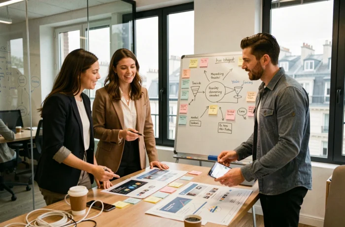 Équipe de professionnels du digital collaborant sur une stratégie de contenu dans une agence parisienne moderne