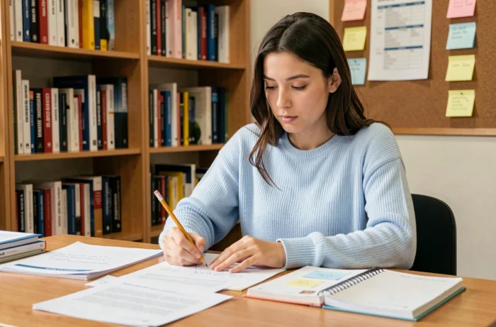 Étudiante révisant ses cours pour préparer le concours Sesame dans une salle d'étude organisée