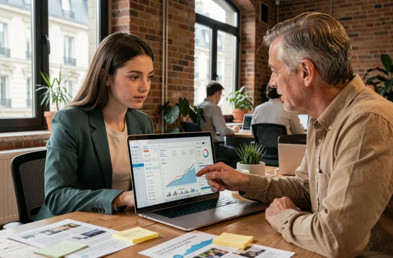 Jeune professionnelle du digital analysant des données avec un collègue expérimenté dans un espace de coworking parisien