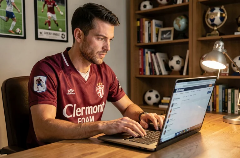 Fan de football connecté sur un forum de supporters ASM Cybervulcans depuis son bureau à domicile