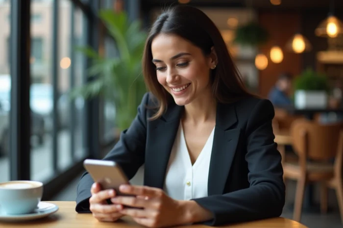 Femme utilisant une application de transfert de fonds international sur smartphone dans un café urbain