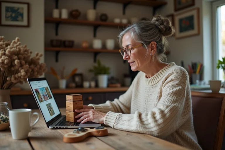 Femme française regardant un coffret en bois sur son ordinateur