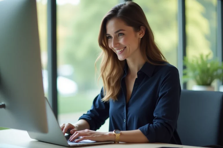 Femme en bureau souriante et détendue avec ordinateur portable