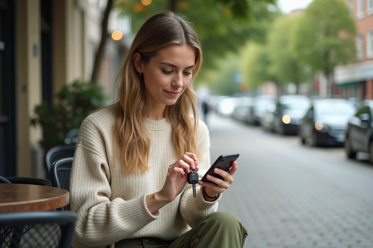 Femme au café tenant ses clés et regardant son smartphone