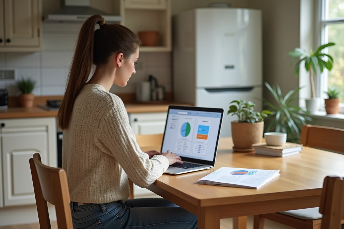 Jeune femme consulte un tableau comparatif de chaudières gaz sur son ordinateur